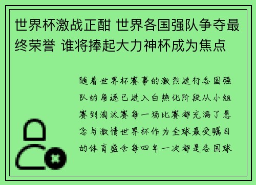 世界杯激战正酣 世界各国强队争夺最终荣誉 谁将捧起大力神杯成为焦点